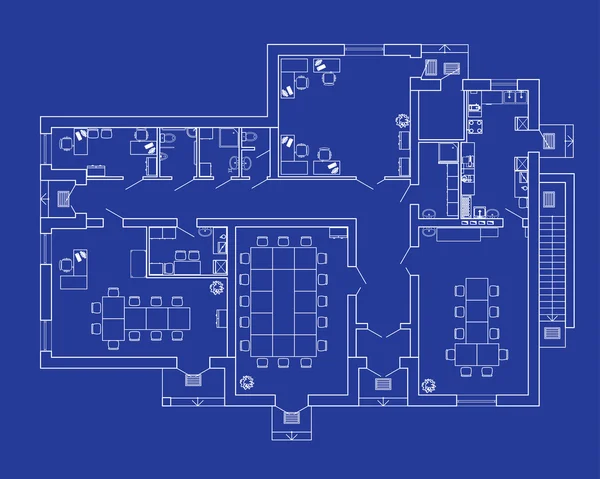 Moderne Büroeinrichtung mit Möbeln. Vektorentwürfe. Architektonischer Hintergrund. — Stockvektor