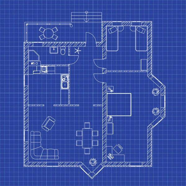 Svart och vitt planlösning av en modern lägenhet. Detaljerad ritning över arkitektoniska vektorer. — Stock vektor