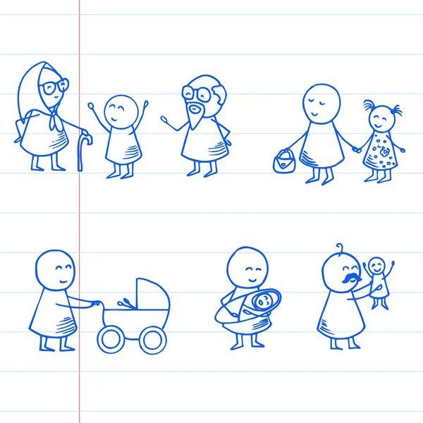 Ícones engraçados de doodle people. Conjunto de vetores familiares . — Vetor de Stock