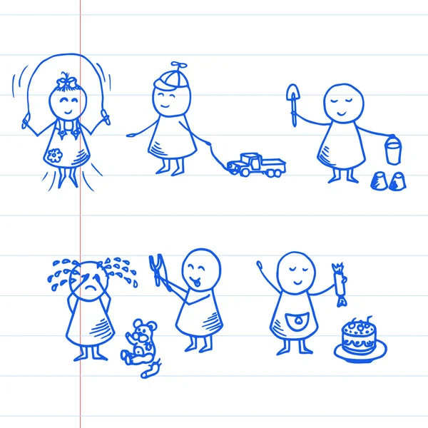 Ícones de crianças engraçadas em parer listrado. Ilustração do Vetor Doodle. Conjunto de jardim de infância . — Vetor de Stock