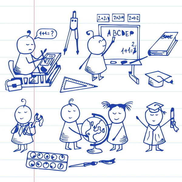 Lustige Ikonen. Schule auf gestreiftem Papier Blatt Hintergrund gesetzt. Doodle-Vektor-Illustration. — Stockvektor