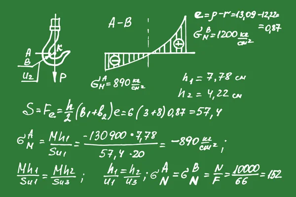 Equações físicas no quadro da escola. Ilustração vetorial desenhada à mão . — Vetor de Stock