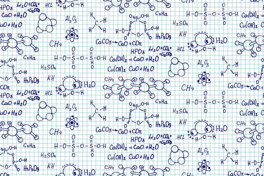 Chemical formula and outlines on notebook page. Vector seamless pattern. Education and scientific  background.