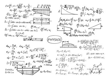 Fizik teması. Geçmişe dönük eğitim ve bilimsel geçmiş. Bilimsel bilgi, formüller. Beyaz tahtaya elle çizilmiş vektör çizimi.