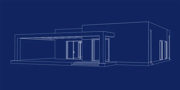 Модель Пригородного Дома Рисование Современного Здания Возрастной Проект Синем Фоне — стоковый вектор