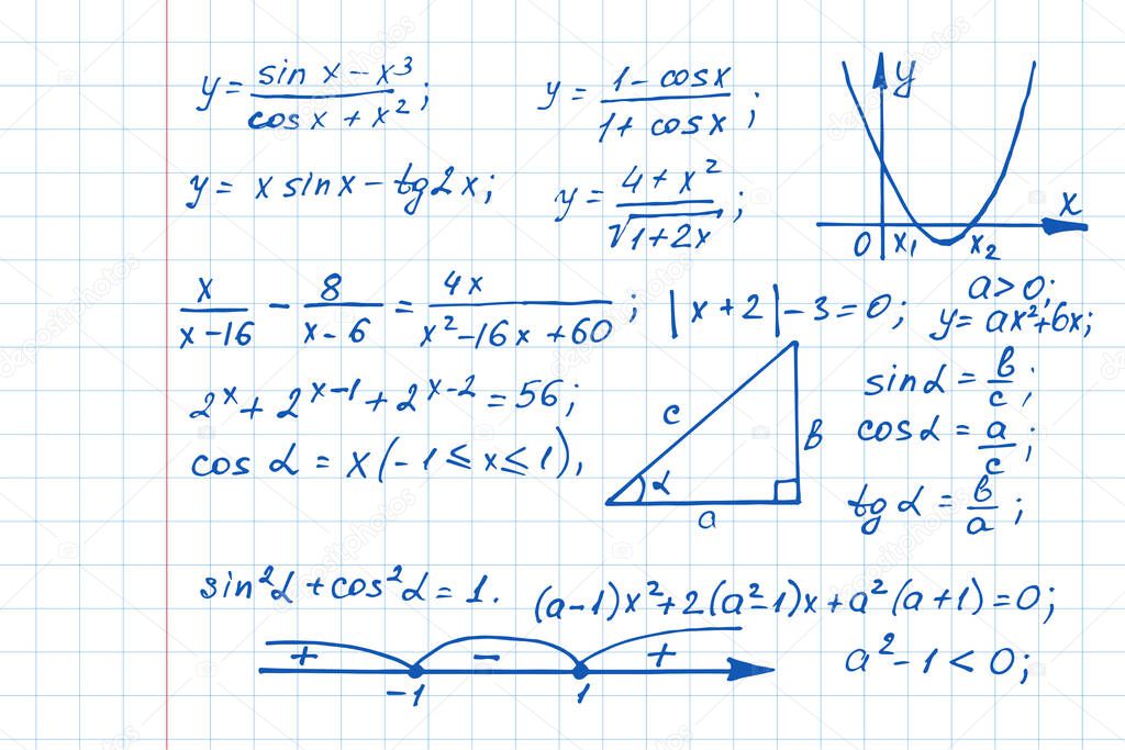 Vector background with mathematics formulas and equations on notebook page.