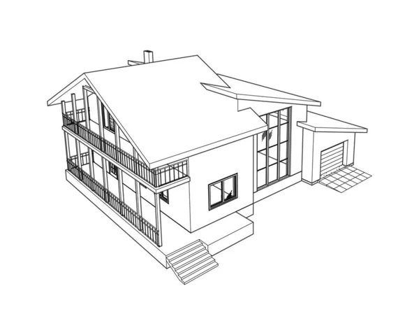 现代豪华住宅外观的矢量线框视角 基于白色背景的村舍三维矢量模型 — 图库矢量图片