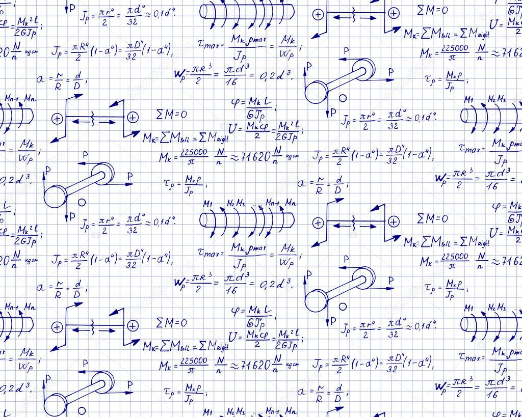 Rotation. Mathematical formulas, physical equations and outlines on notebook page. Vector hand-drawn seamless pattern. Retro scientific and educational background.