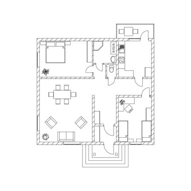 Evin iç tarafındaki banliyö evi. Modern bir dairenin siyah ve beyaz kat planı. Vektör taslağı. Mimari arka plan.