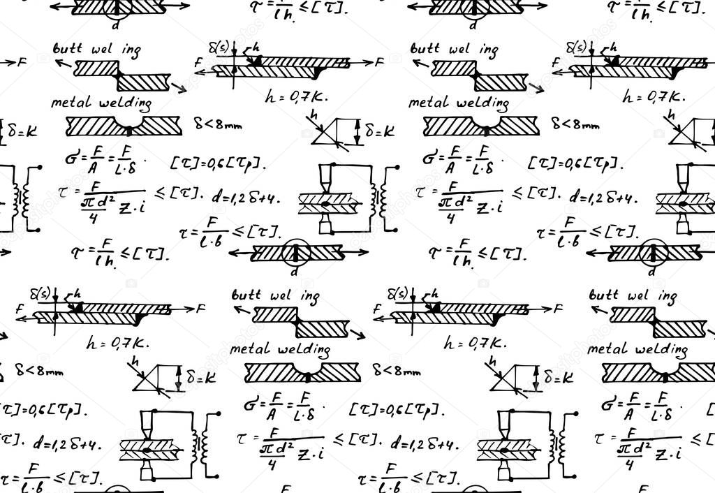 Background with physics formulas and equations. Materials - metal welding. Vintage whiteboard. Vector seamless pattern.
