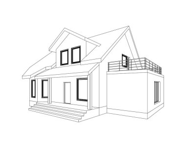 Perspektif 3D banliyö evi. Modern binanın çizimi. Beyaz arka planda kulübe projesi. Vektör planı.