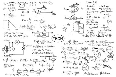 Fizik, elektronik mühendisliği, matematik denklemi, şema ve hesaplamalar, sonsuz el yazısı. Vektör tahtası. Teknoloji geçmişi.