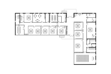 Modern ofis içi mobilyalarla bembeyaz. Vektör taslağı. Mimari arka plan. 
