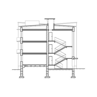 Ayrıntılı çok katlı bina. Çapraz kesit. Siyah ve beyaz vektör planı.