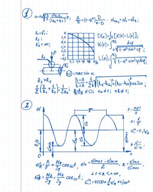 Defter sayfasında fizik formülleri ve denklemlerle geçmişe dönük vektör arkaplanı. Okul notları. Eğitim ve bilimsel bağcılık geçmişi.