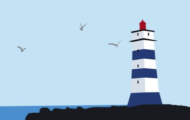 Deniz feneri geçmişi. Okyanus silueti. Vektör illüstrasyonu.