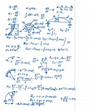 Fizik formüllü Retro vektör arkaplanı, defter sayfasında denklemler ana hatları. Üniversite notları. Eğitim ve bilimsel bağcılık geçmişi.