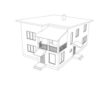 Lüks modern evin dış görünüşünün vektör telli perspektifi. Beyaz arkaplanda izole edilmiş kulübenin 3B vektör modeli.