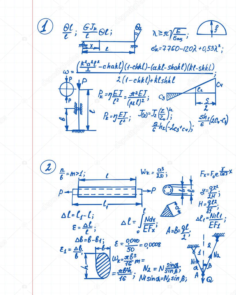 Physical notation with the equations, figures, schemes, plots and other calculations on notebook page. Handwritten vector illustration. Scientific background.