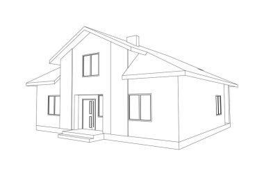 Modern bina perspektifi 3 boyutlu. Banliyö evinin çizimi. Beyaz arka plandaki kulübeyi özetliyor. Ev 3D model perspektif vektörü. Kır evi planı. EPS 10. 