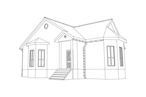 Suburban House Sketch Black Line Model Isolated White Background Vector — Stock Vector