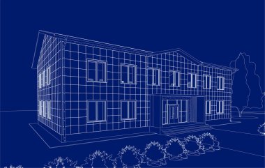 Ofis binasının manzarası. 3d vektör illüstrasyonu planda izole edildi.