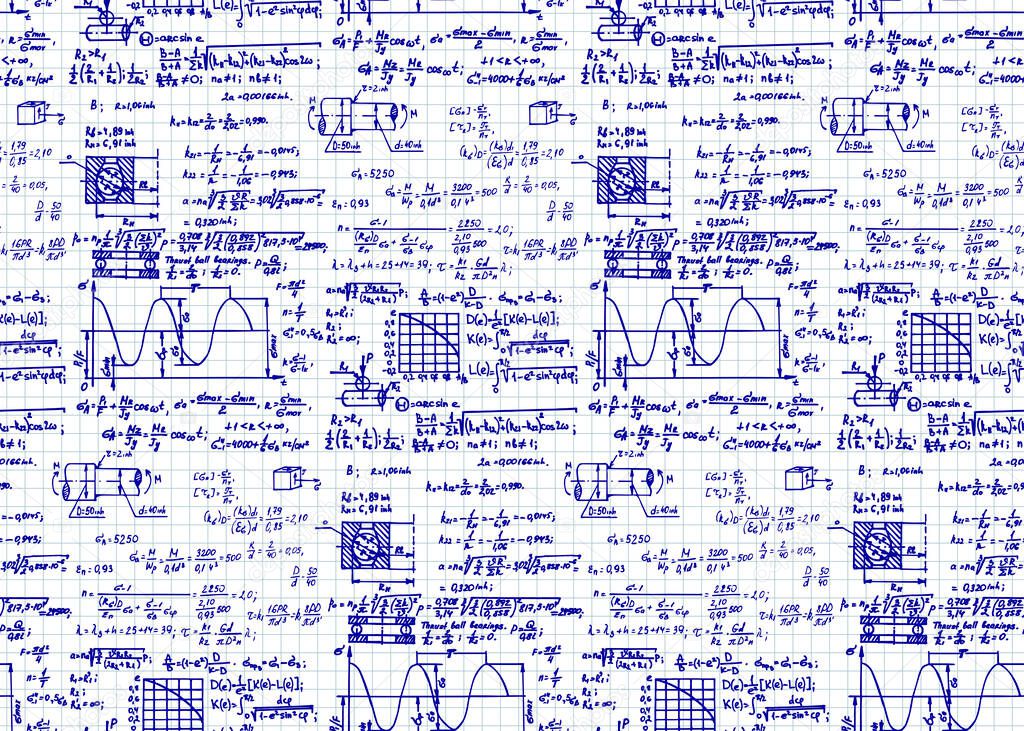 Physics seamless pattern with the equations, figures, schemes, formulas and other calculations on workbook page. Vintage scientific and education  handwritten vector Illustration.