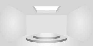 Beyaz odadaki gösteri odası kaidesi iç tasarımın için spot ışığı etkisi yaratıyor. Soyut mimari gri arkaplan.