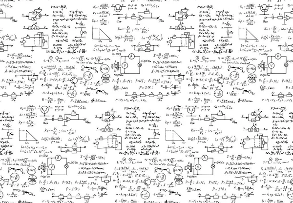 物理学 電子工学 数学の方程式 スキームと計算 無限の手書き ベクトルホワイトボード テクノロジーのシームレスなパターン — ストックベクタ