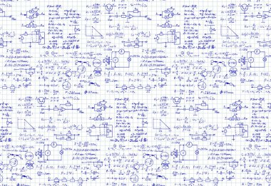 Fizik, elektronik mühendisliği, matematik denklemi ve hesaplamalar, sonsuz el yazısı. Defter sayfasında vektör bilimsel ve teknolojisi kusursuz desen. 