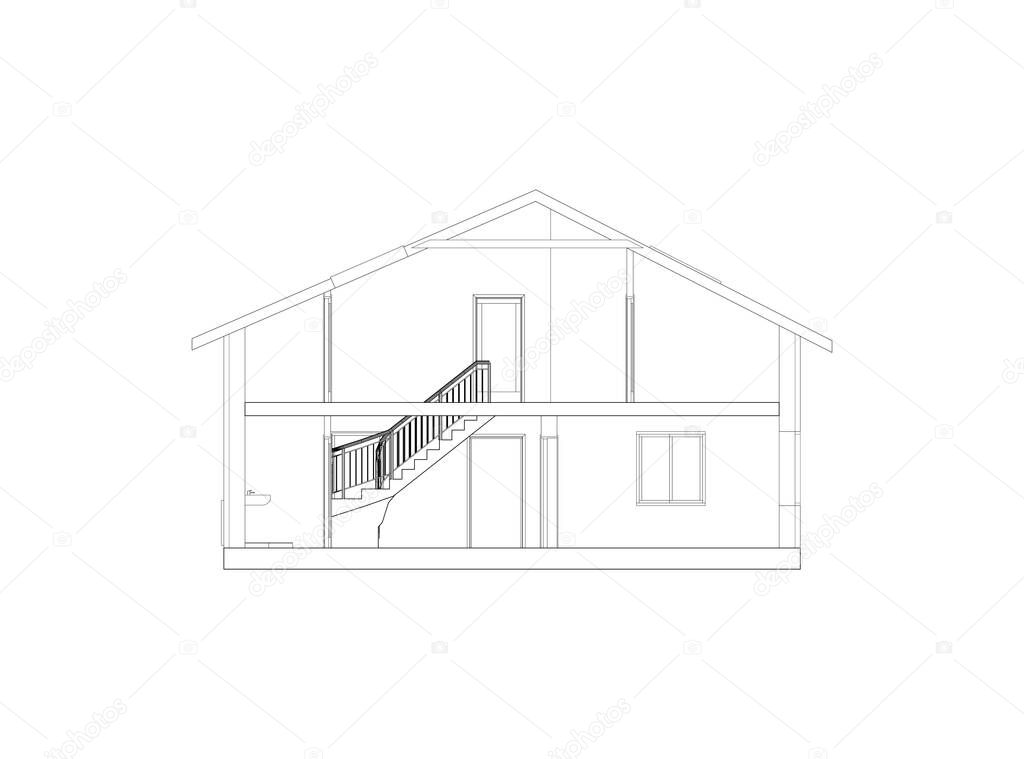 Architectural black and white background. Cross-section suburban house. Vector blueprint.