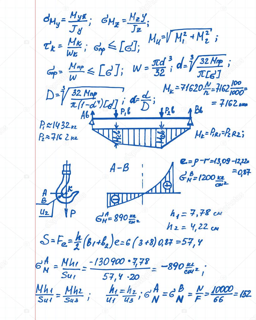 Vector background with physics formulas, equations and schemes on notebook page. College notation. Education illustration.