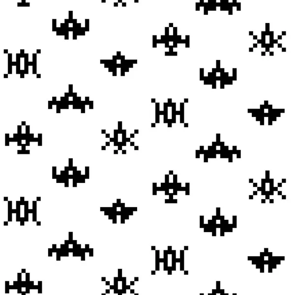 ヴィンテージのモノクロピクセルアートの背景 ベクトルピクセル宇宙船のシームレスなパターン 白の背景に隔離されたレトロゲームアイコン デジタルデザイン80 — ストックベクタ