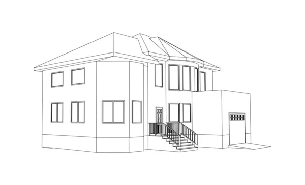 Κτίριο Προοπτική Σχέδιο Του Προαστιακού Σπιτιού Περιγράφει Εξοχικό Σπίτι Απομονωμένο — Διανυσματικό Αρχείο