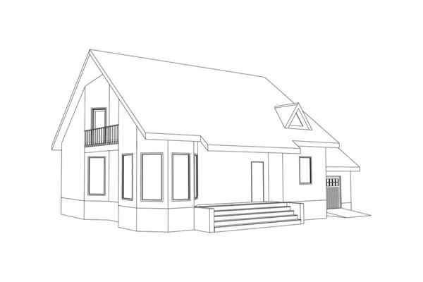 Suburban House Sketch Black Line Model Isolated White Background Vector — Stock Vector
