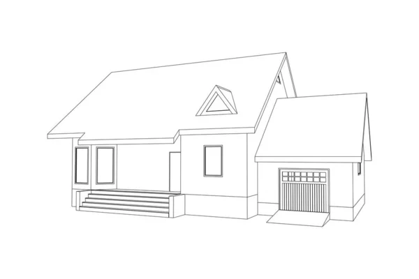 Bauperspektive Zeichnung Des Vorstadthauses Umrisse Hütte Auf Weißem Hintergrund Haus — Stockvektor