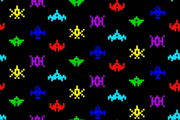 黒のピクセル宇宙船のカラフルなセット ヴィンテージベクトルデザイン レトロゲームシームレスなパターン — ストックベクタ