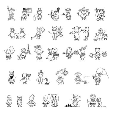 Farklı milletlerden komik insanların ikonaları. Büyük el çizilmiş ülkeler hazır. Vektör karalama Çizimi.