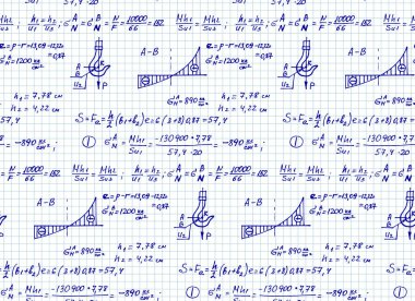 Yapısal mekanik şemaları. Fizik matematiksel formül denklemi, el çizimi modeli ile beyaz tahtaya karalama el yazısı simgesi, vektör tarafından oluşturulur. Retro pürüzsüz desen.