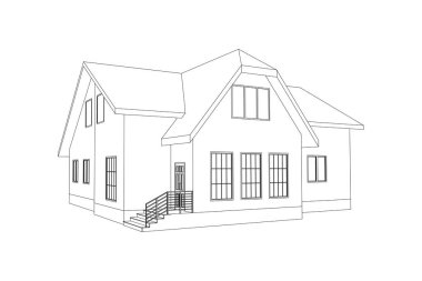 Üç boyutlu banliyö evi modeli. Modern binanın çizimi. Beyaz arka planda kulübe projesi. Vektör planı.