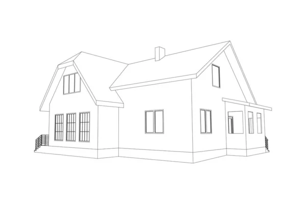 Suburban House Sketch Black Line Model Isolated White Background Vector — Stock Vector