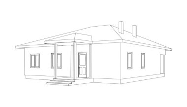Bina perspektifi 3D. Banliyö evinin çizimi. Beyaz arka plandaki kulübeyi özetliyor. Ev 3D model perspektif vektörü. Kır evi planı. EPS 10. 