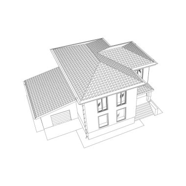 Lüks modern evin dış görünüşünün vektör telli perspektifi. Beyaz arkaplanda izole edilmiş kulübenin 3B vektör modeli.