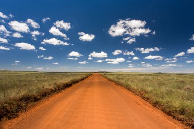 Rural orange dirt road with blue sky and far horizon clipart