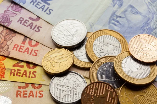 Brazil Valódi Használt Színes Érmék Bankjegyek Pénz Közeli Részletek — Stock Fotó