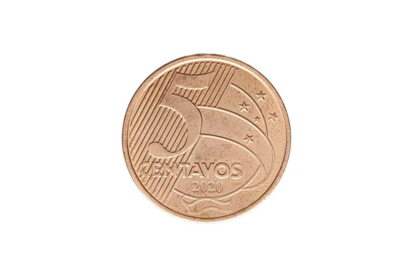 Бразильская Монета Сентаво Реал 2020 Года Белом Фоне Высокое Увеличение Стоковая Картинка
