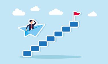 Merdivenleri aşmak için kağıt uçağa binen işadamı, iş ve projeleri tamamlamak için zekice ve verimli bir strateji çiziyor.