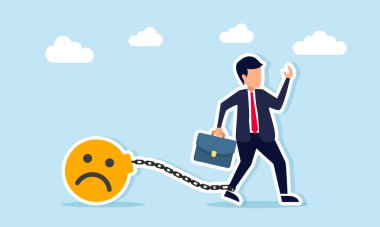 İş adamı, iş yerindeki mutsuzluğun ağır üzgün ifade yüküne bağlı zincirlerle sıkıştı.