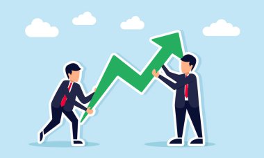 İstikrarlı bir iş gelişimini sürdürmek için birlikte çalışan iki işadamı.