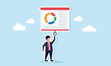 İş adamı iş planlama sunumunun veri tablosunu gösteren projektör ekranını çekiyor